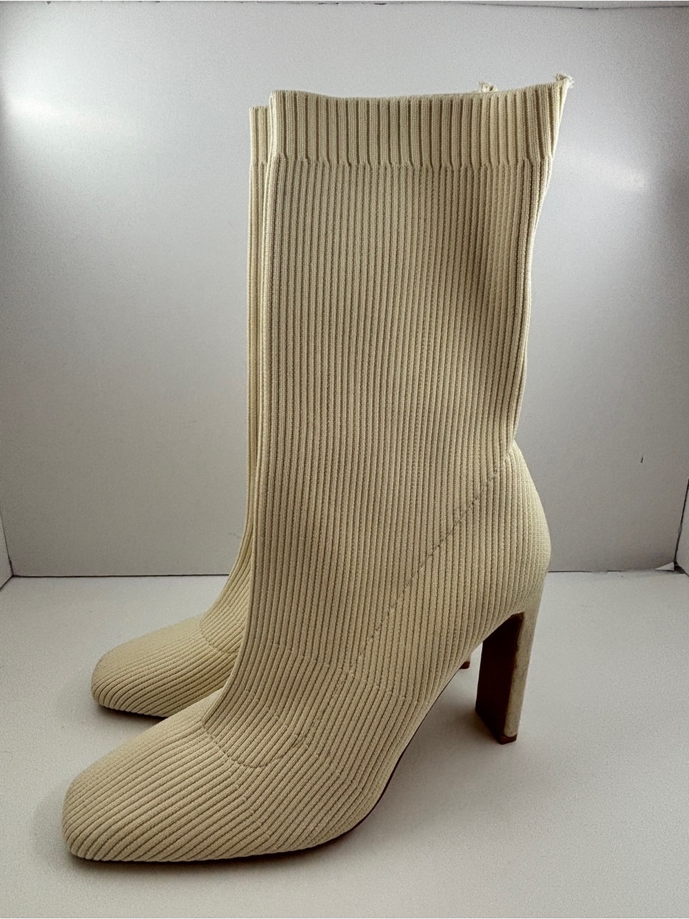 Ribbed Knit Cream Sock Booties with Block Heel